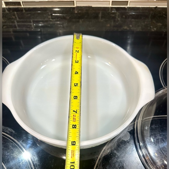 Vintage Glasbake Round Casserole Dish #429 2 Qt-Milk Glass-Green Daisy w/lid USA - Picture 4 of 7